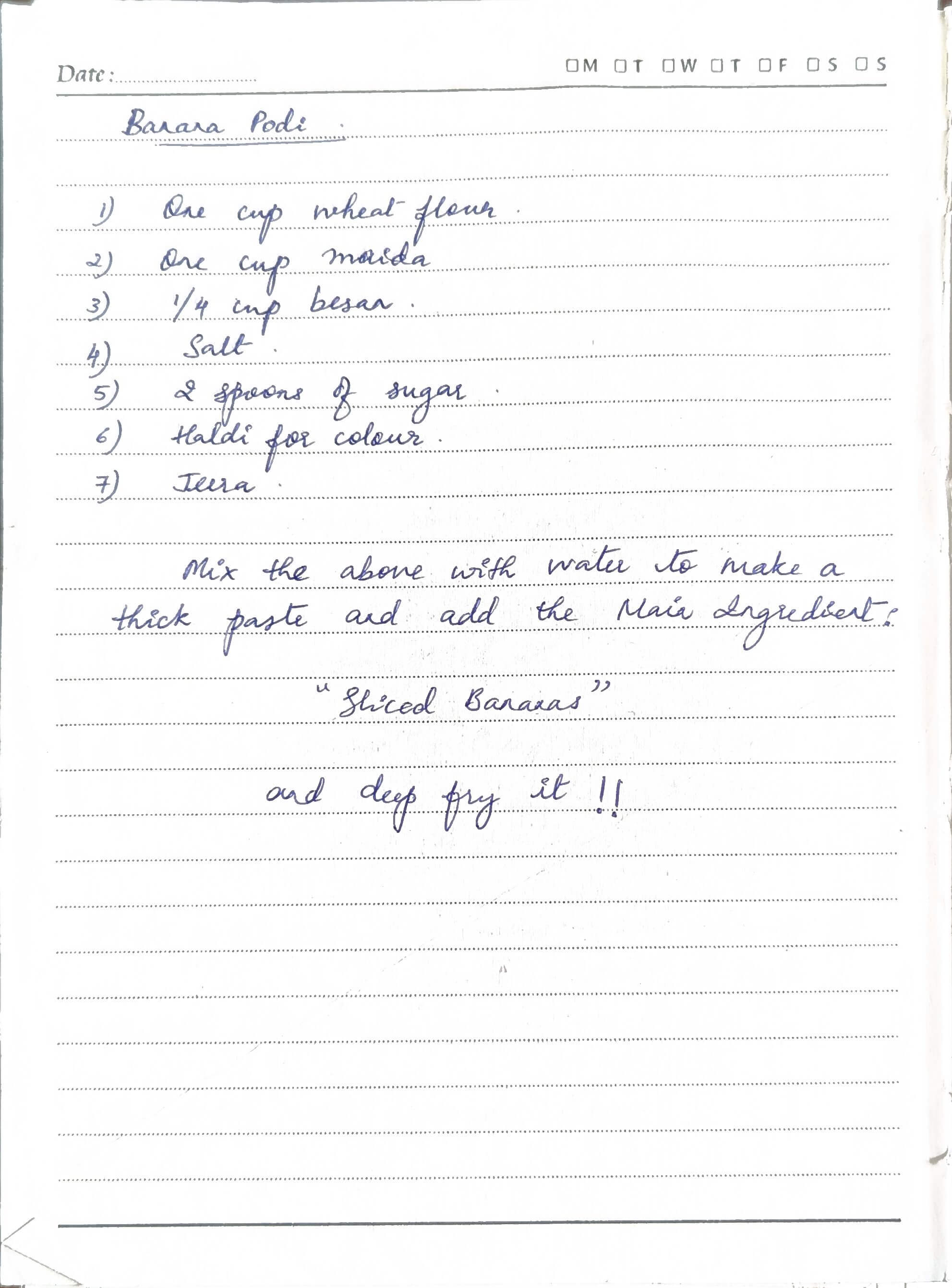 Handwritten recipe for Banana Podi