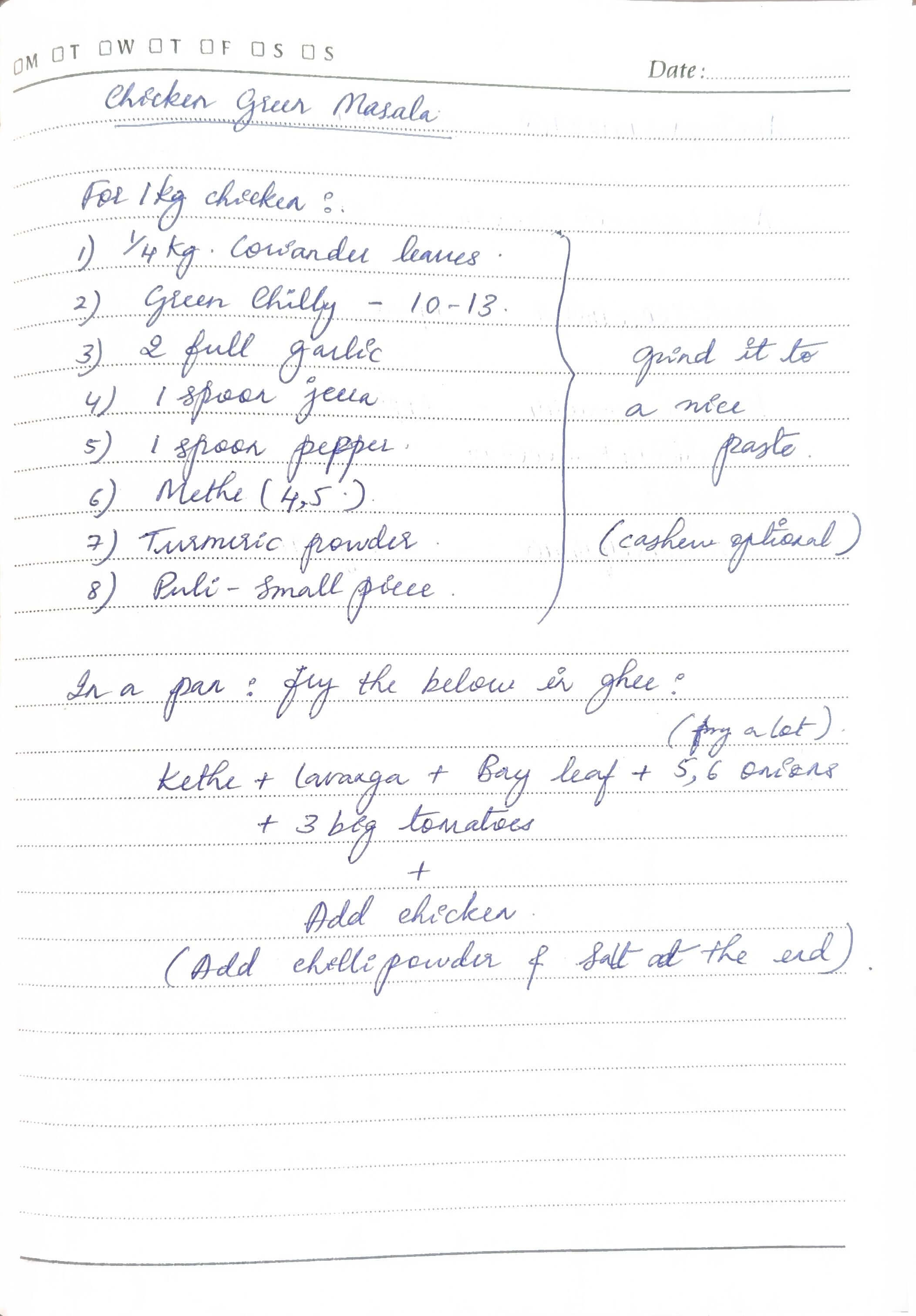 Handwritten recipe for Chicken Green Masala