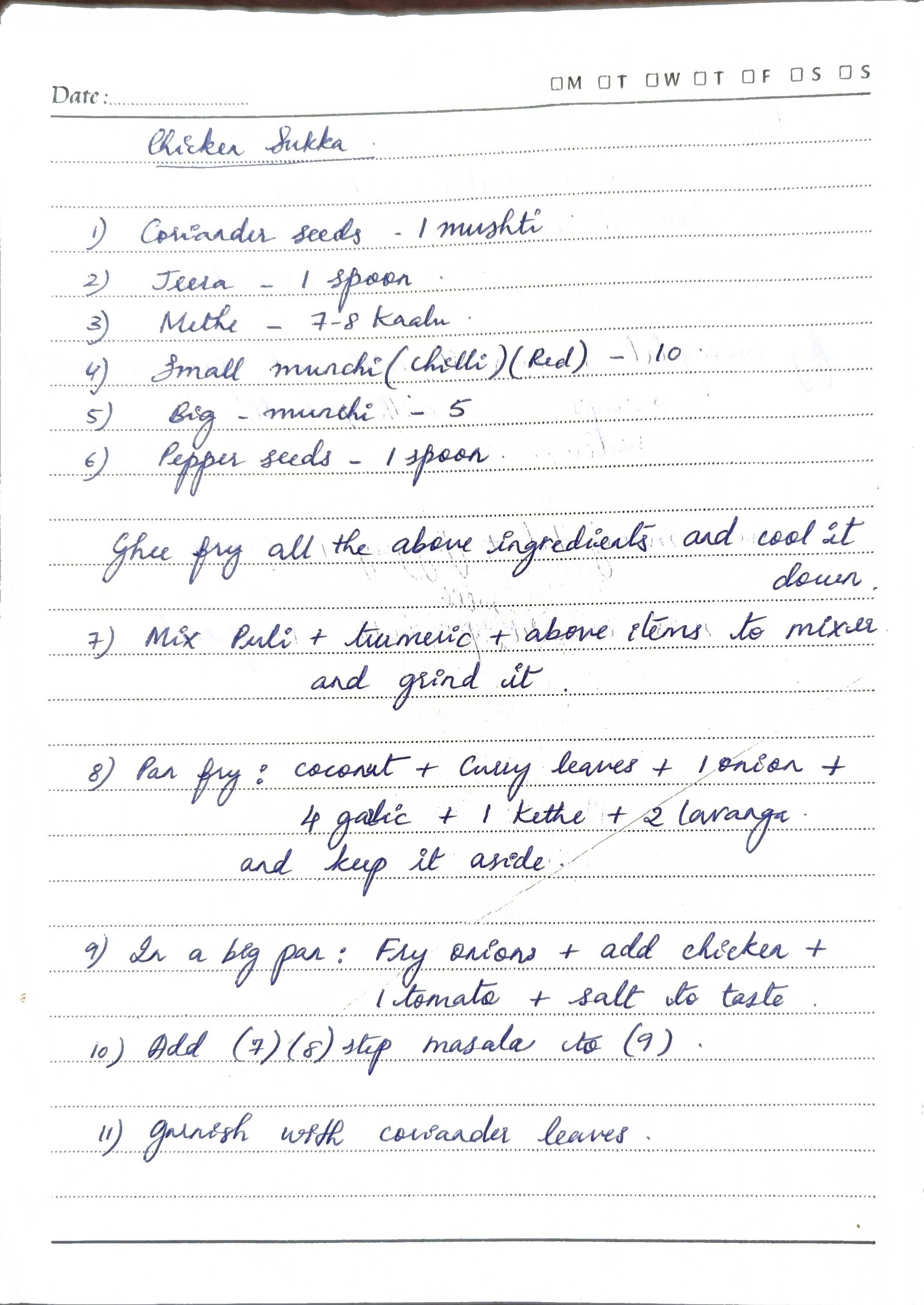 Handwritten recipe for Chicken Sukka