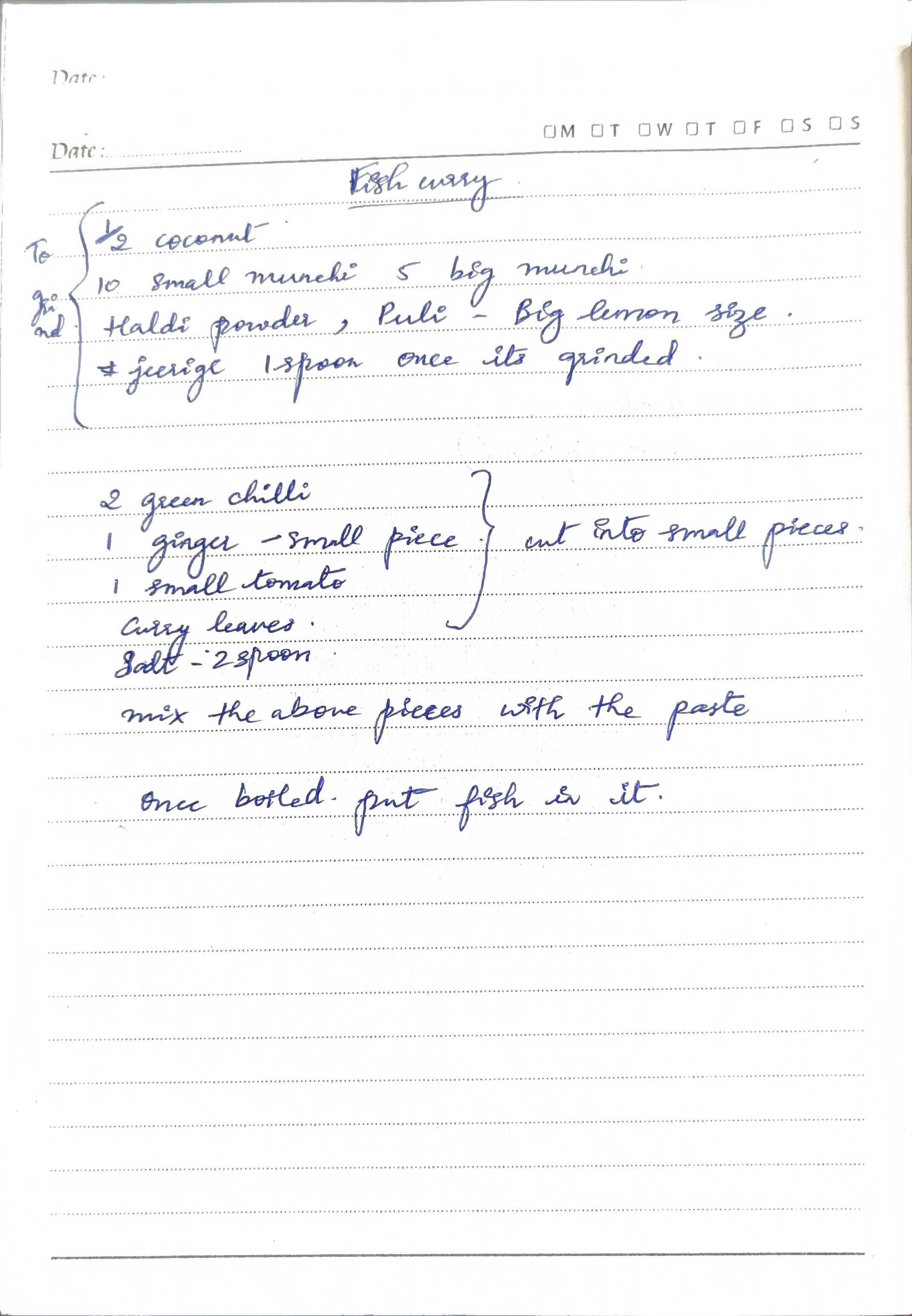 Handwritten recipe for Fish Curry