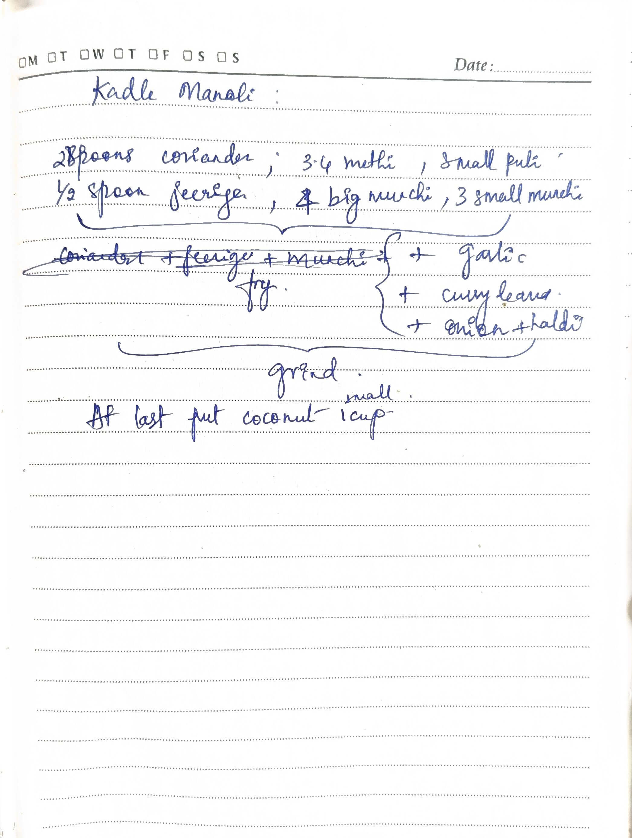 Handwritten recipe for Kadle Manoli