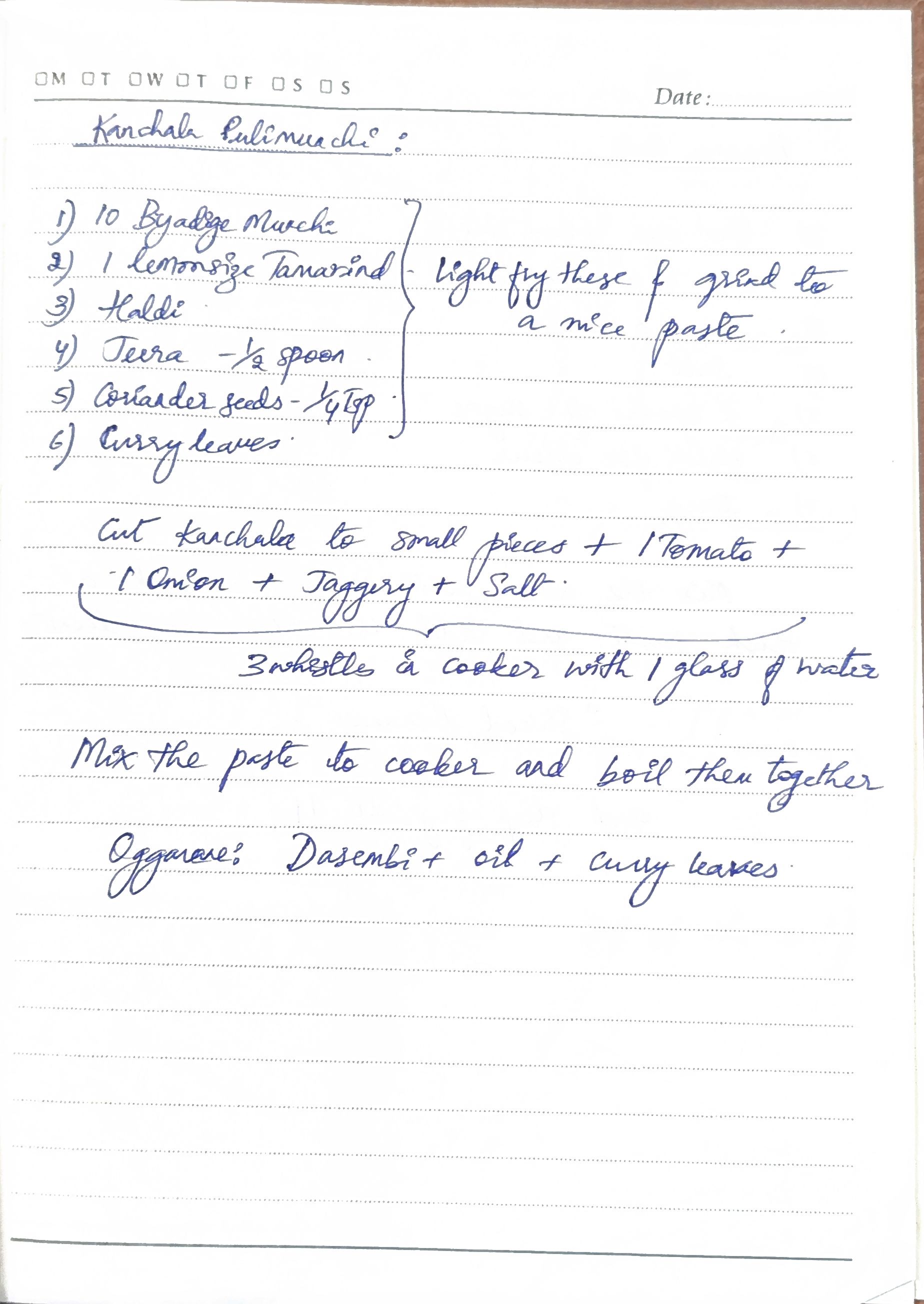 Handwritten recipe for Kanchala Pulimunchi