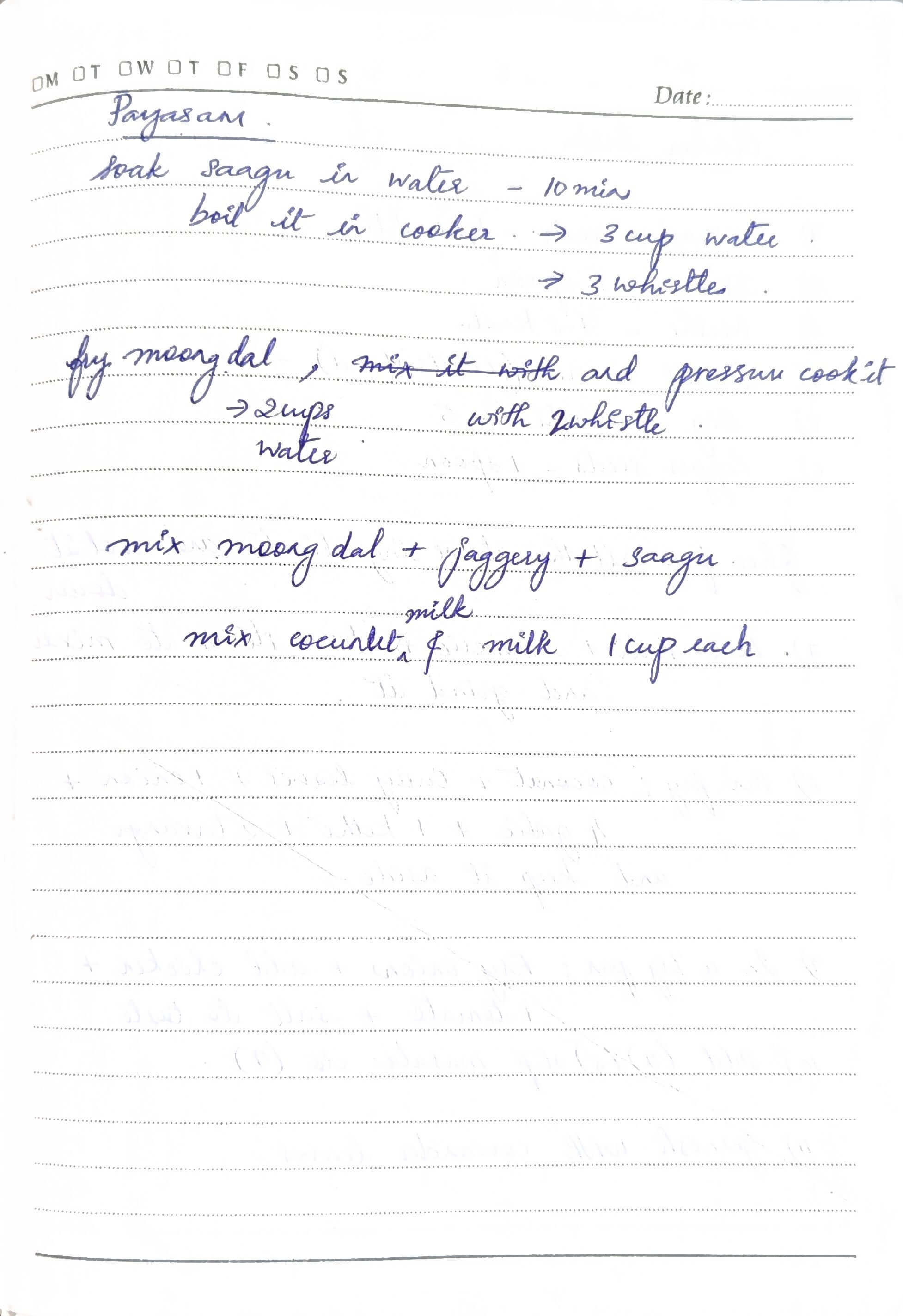 Handwritten recipe for Payasam