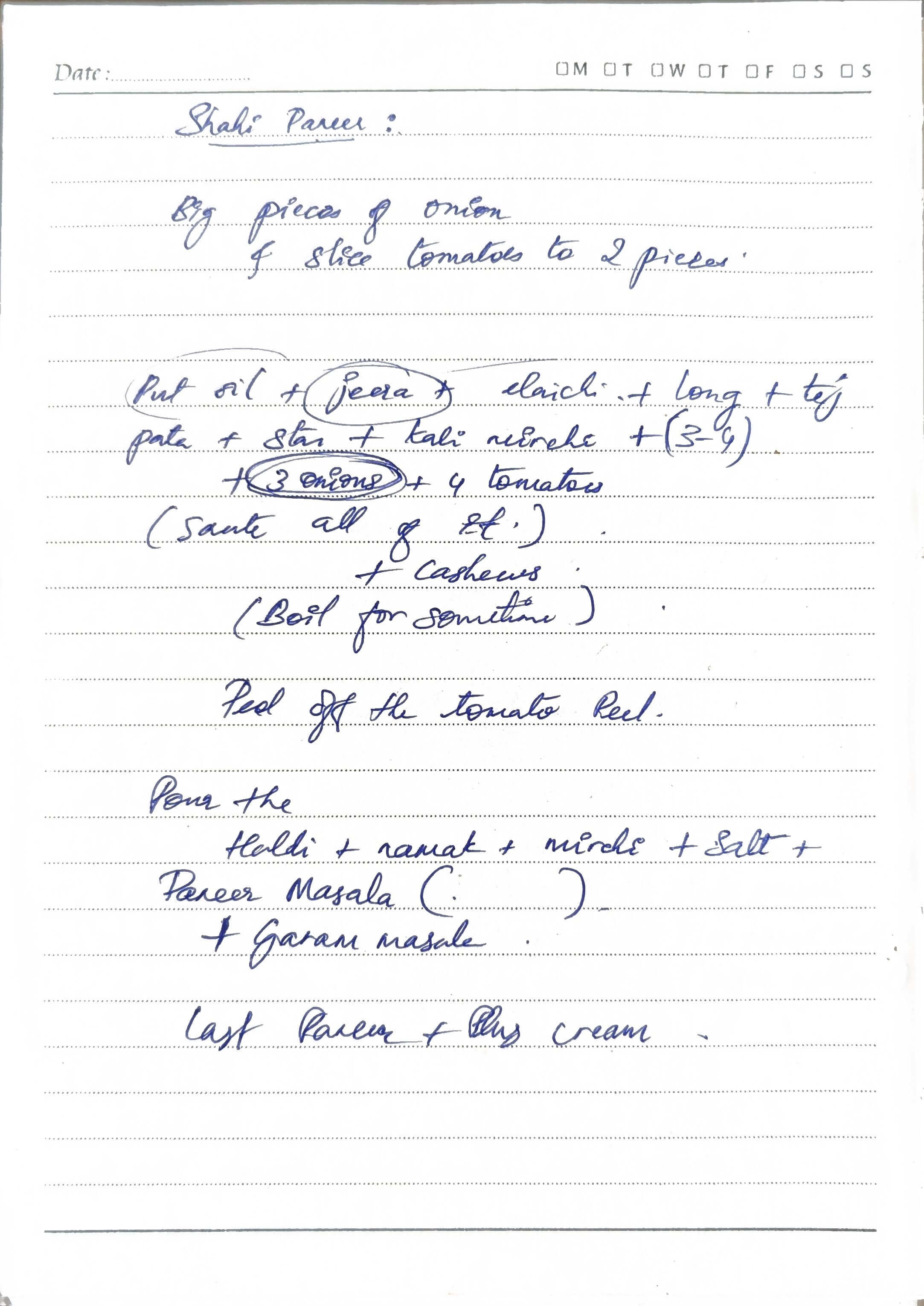 Handwritten recipe for Shahi Paneer